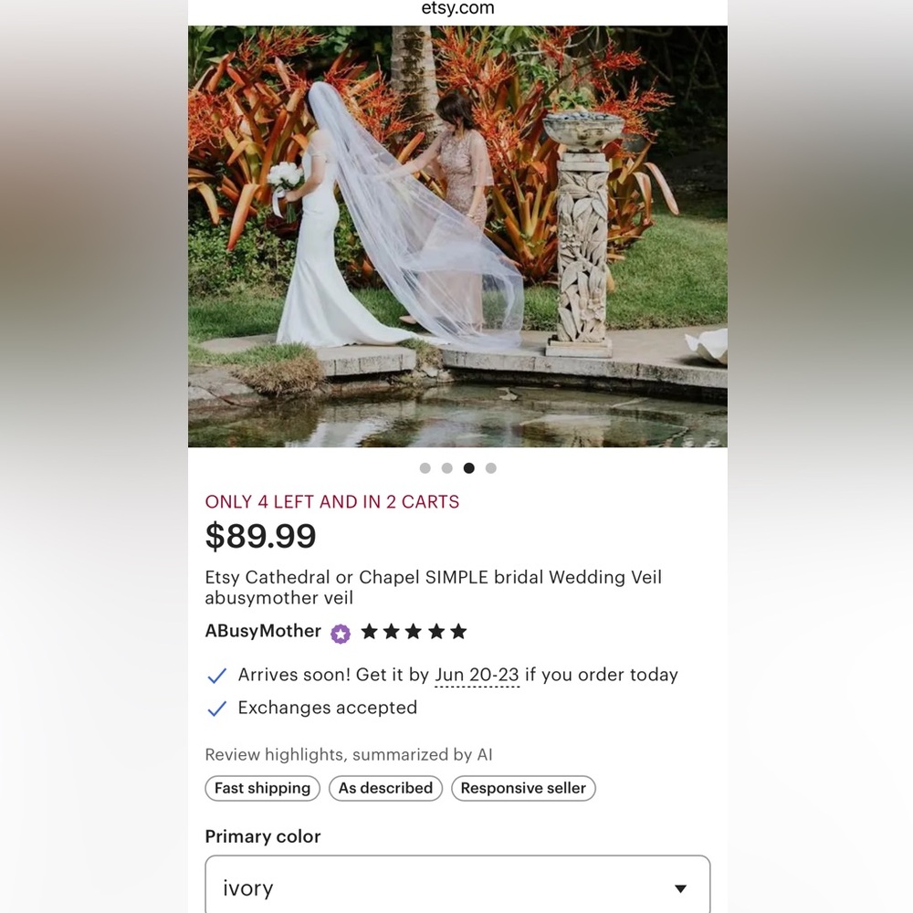 Etsy Ivory Bridal Veil - 90” chapel